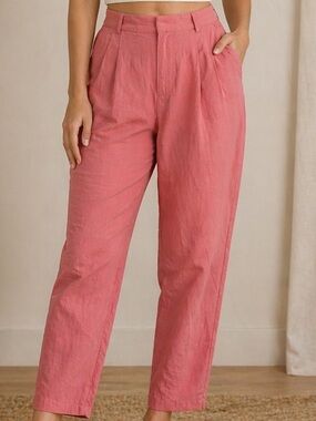HALARA Coral Pink Linen Blend Pants High Waisted/Relaxed Fit/Elastic Waist F256